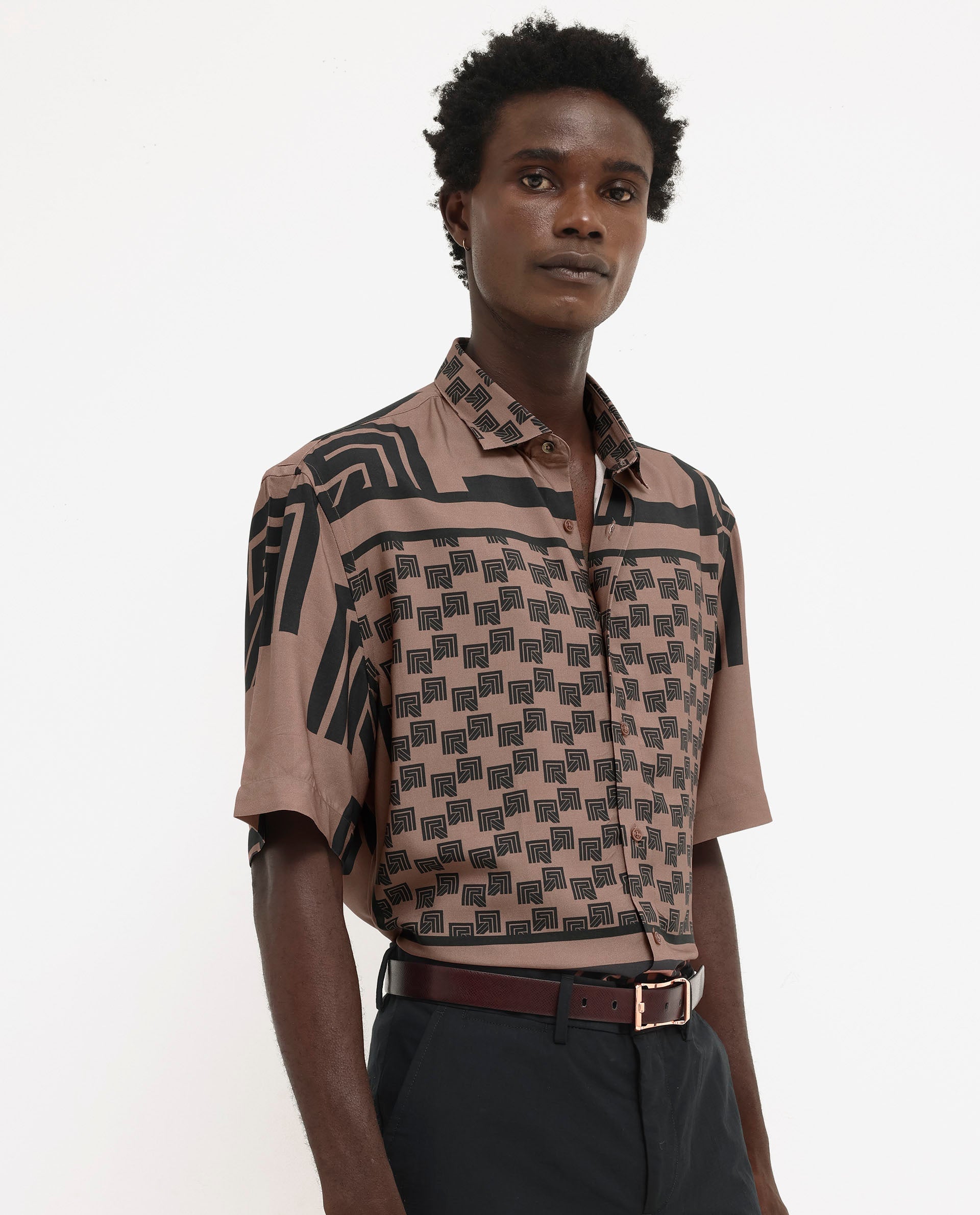 Rare Rabbit Men's Ade Brown Viscose Monogram Print Boxy Fit Half Sleeve Collared Shirt