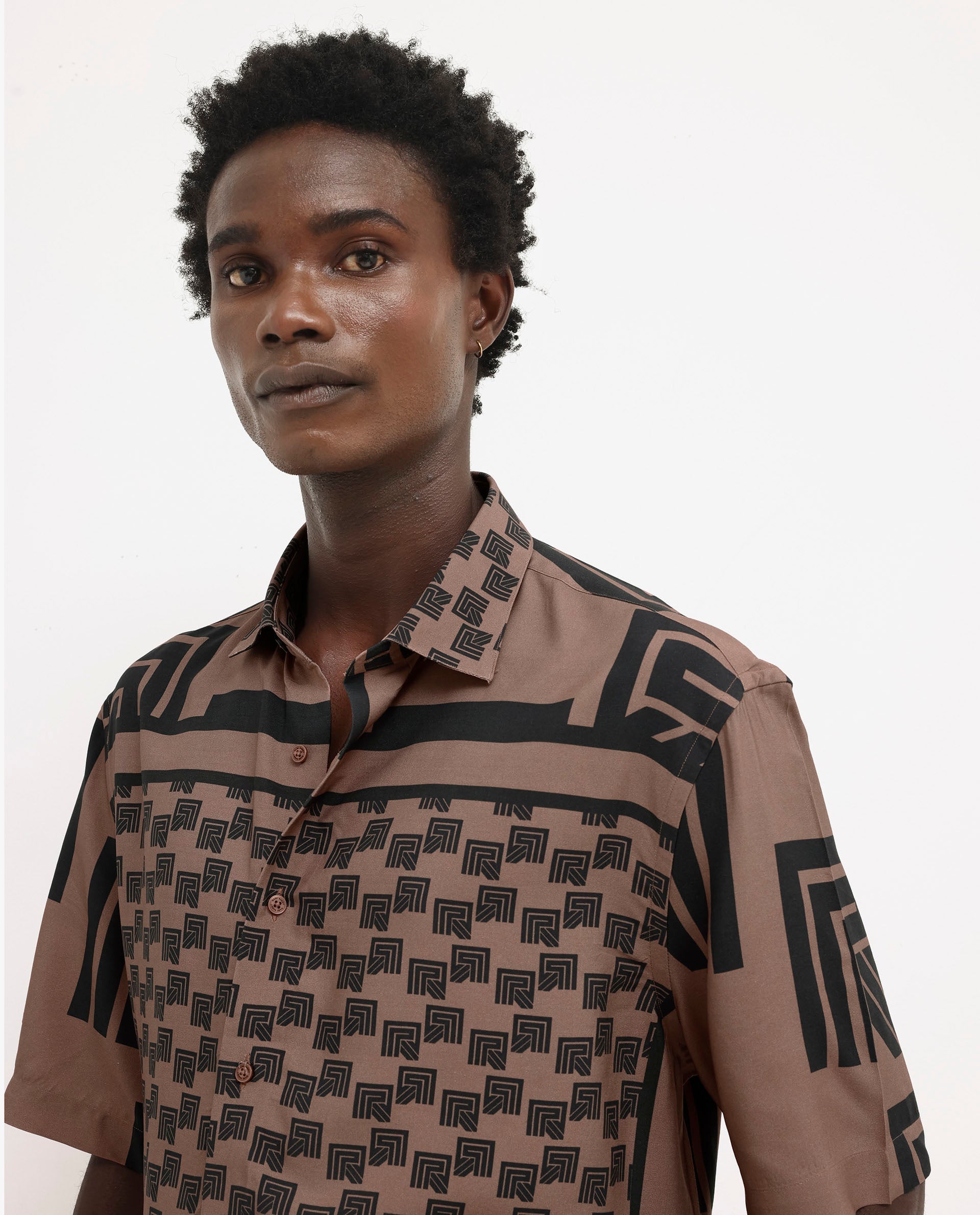 Rare Rabbit Men's Ade Brown Viscose Monogram Print Boxy Fit Half Sleeve Collared Shirt