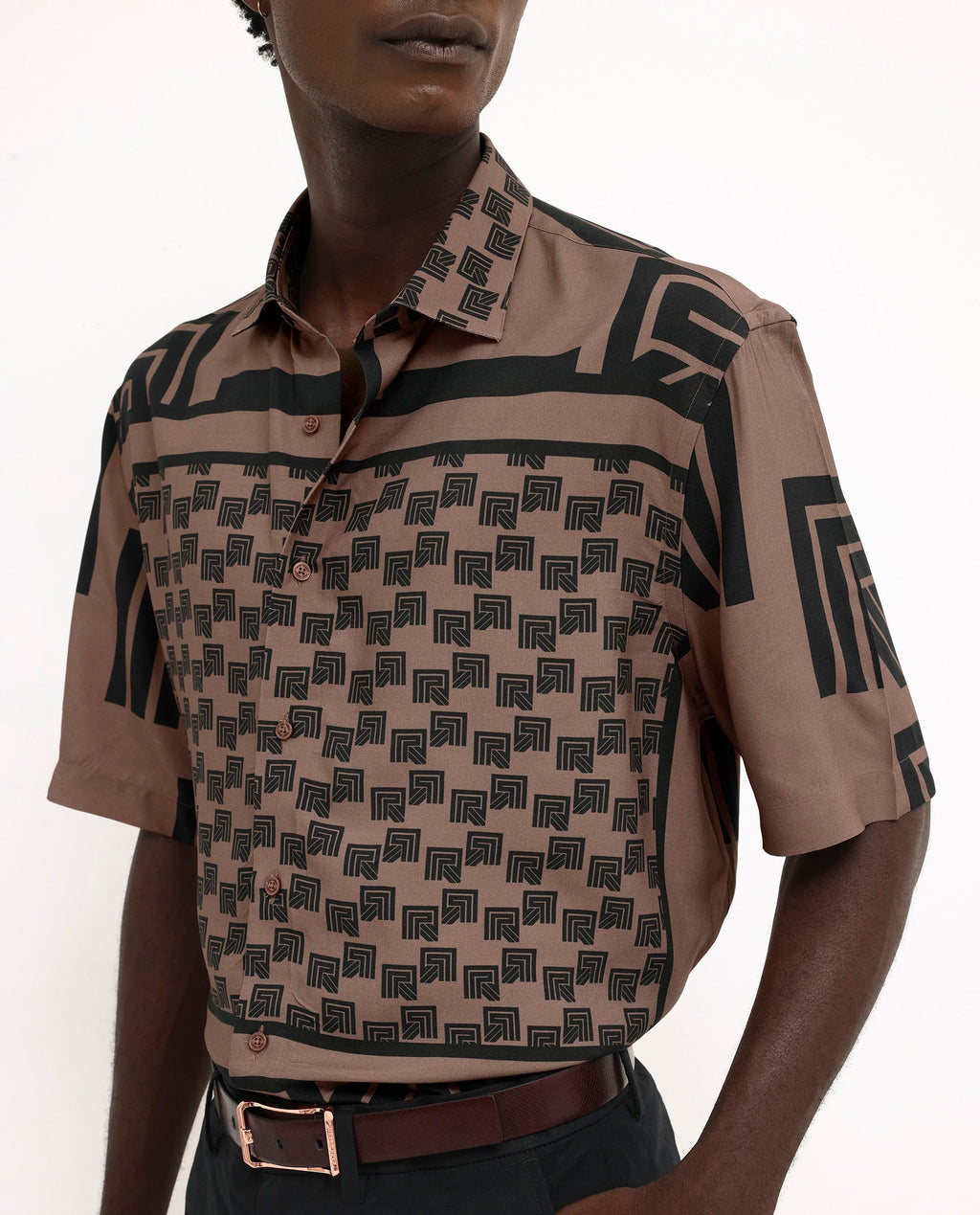 Rare Rabbit Men's Ade Brown Viscose Monogram Print Boxy Fit Half Sleeve Collared Shirt