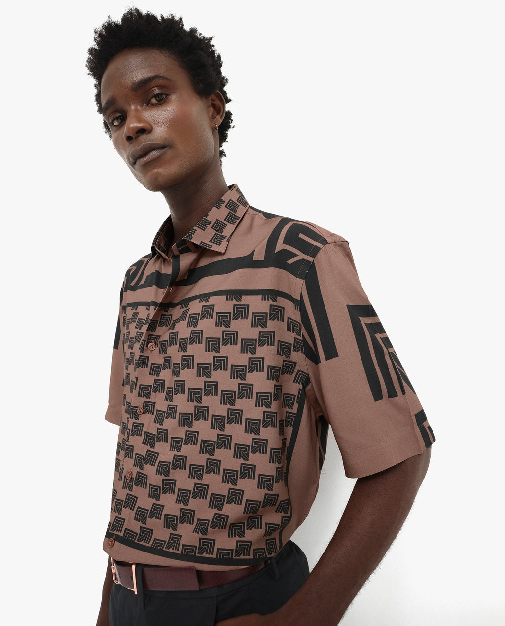Rare Rabbit Men's Ade Brown Viscose Monogram Print Boxy Fit Half Sleeve Collared Shirt