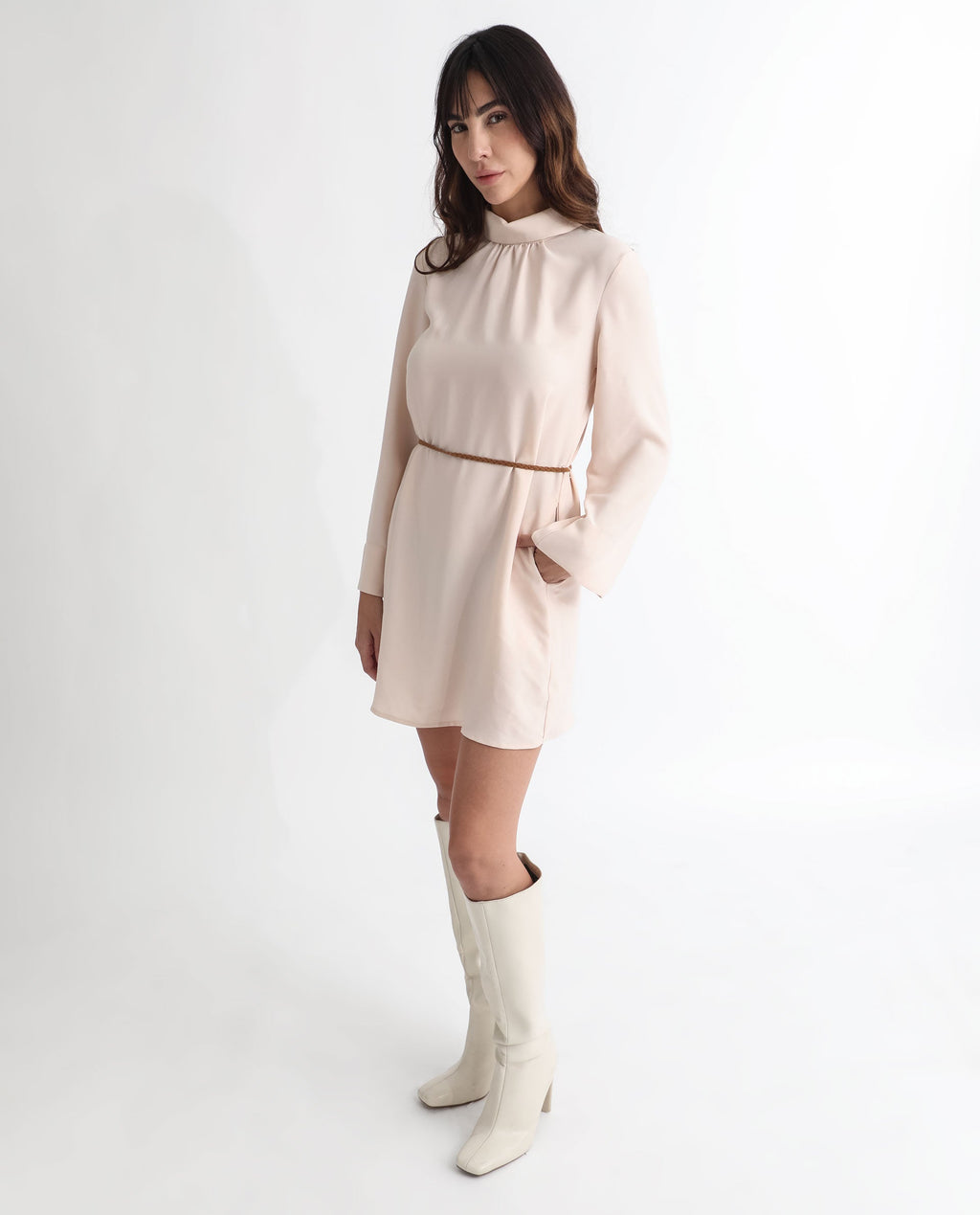 Rareism Women's Adler Light Beige Polyester Choker Neck Plain Mini Tailored Dress