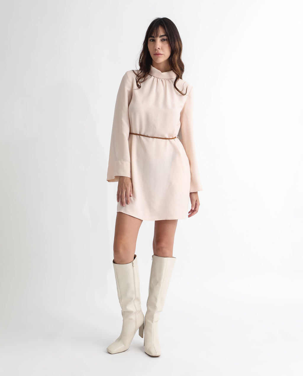 Rareism Women's Adler Light Beige Polyester Choker Neck Plain Mini Tailored Dress