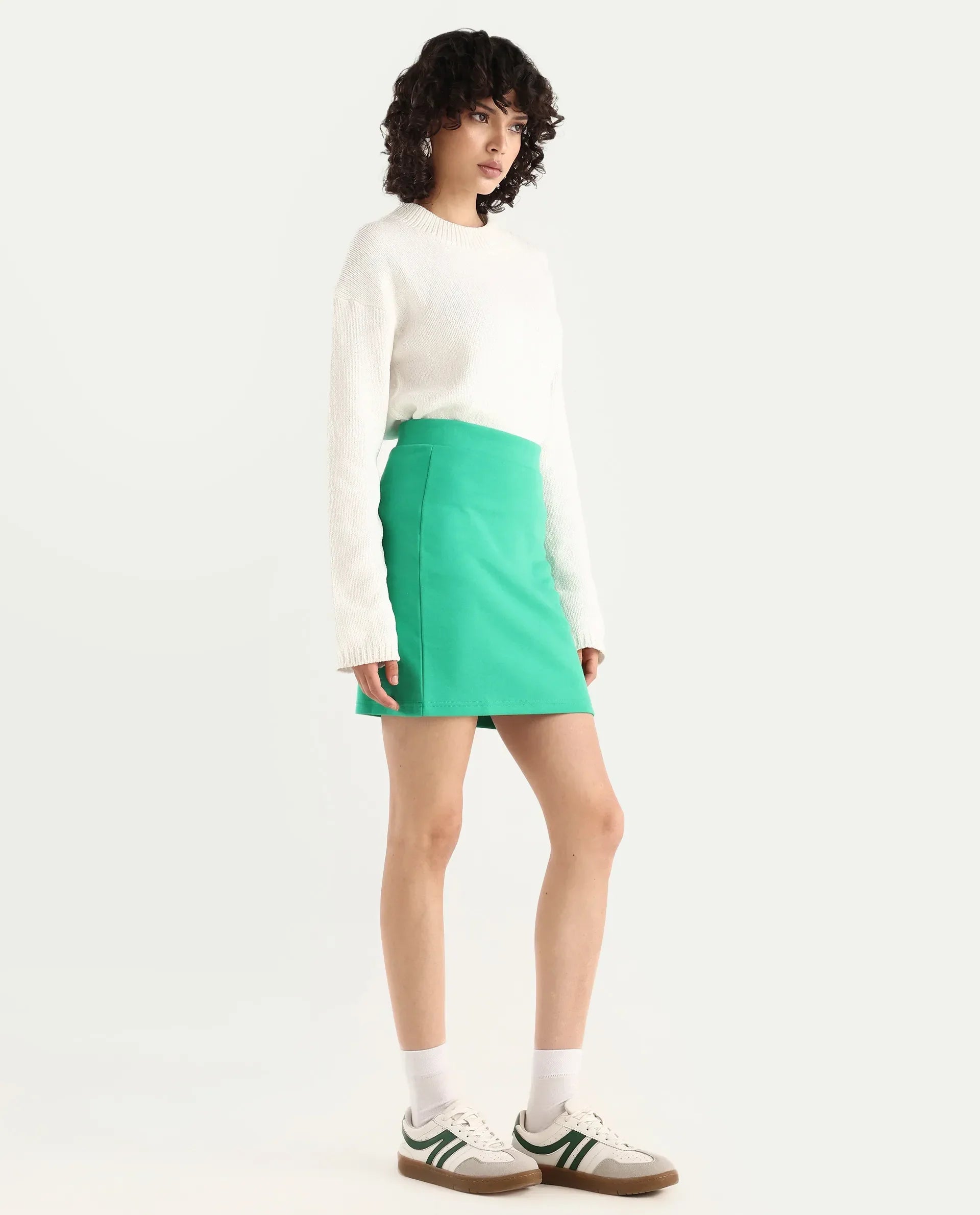 Rareism Women's Afkor B Green Cotton Plain Mini Regular Fit Skirt