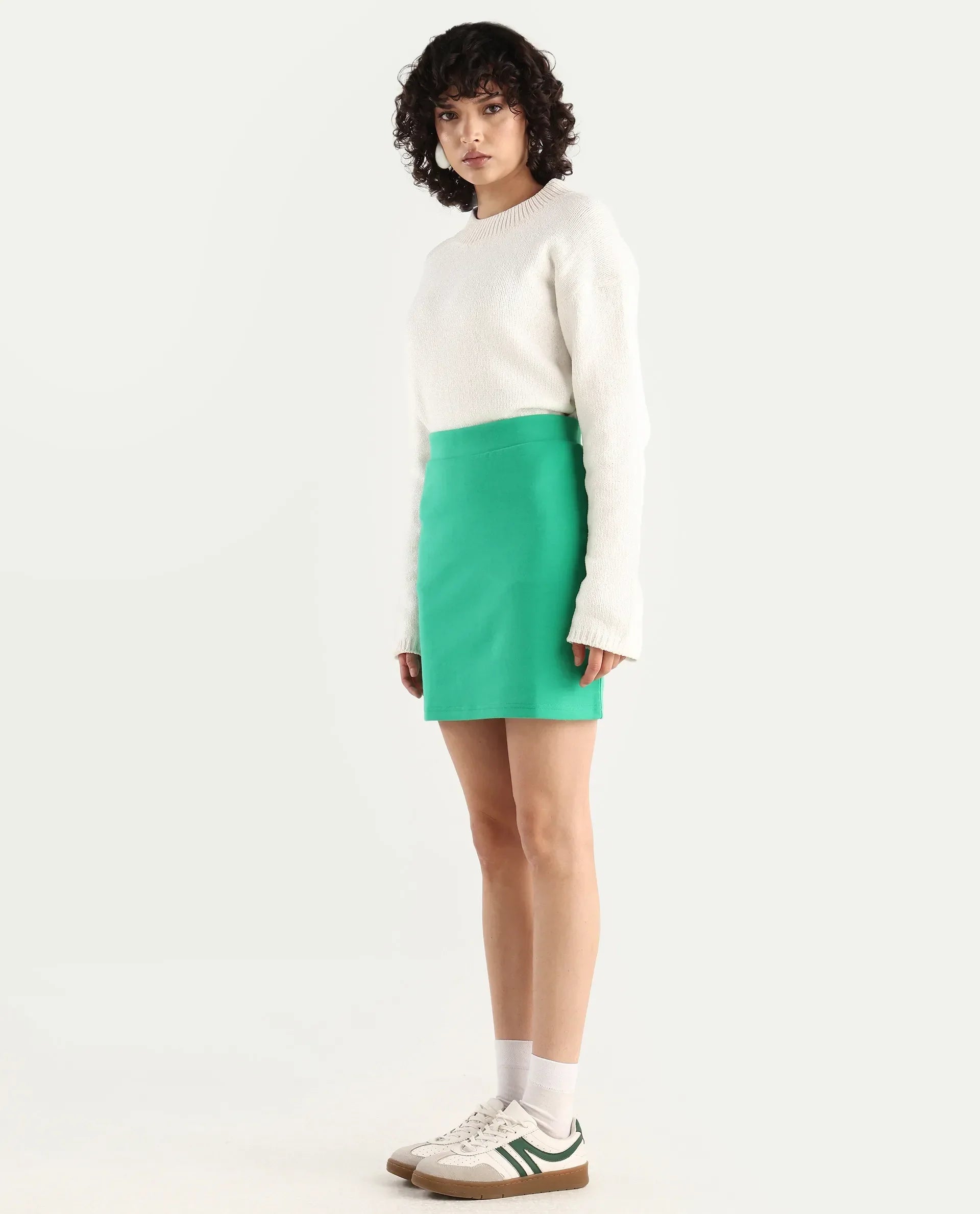Rareism Women's Afkor B Green Cotton Plain Mini Regular Fit Skirt