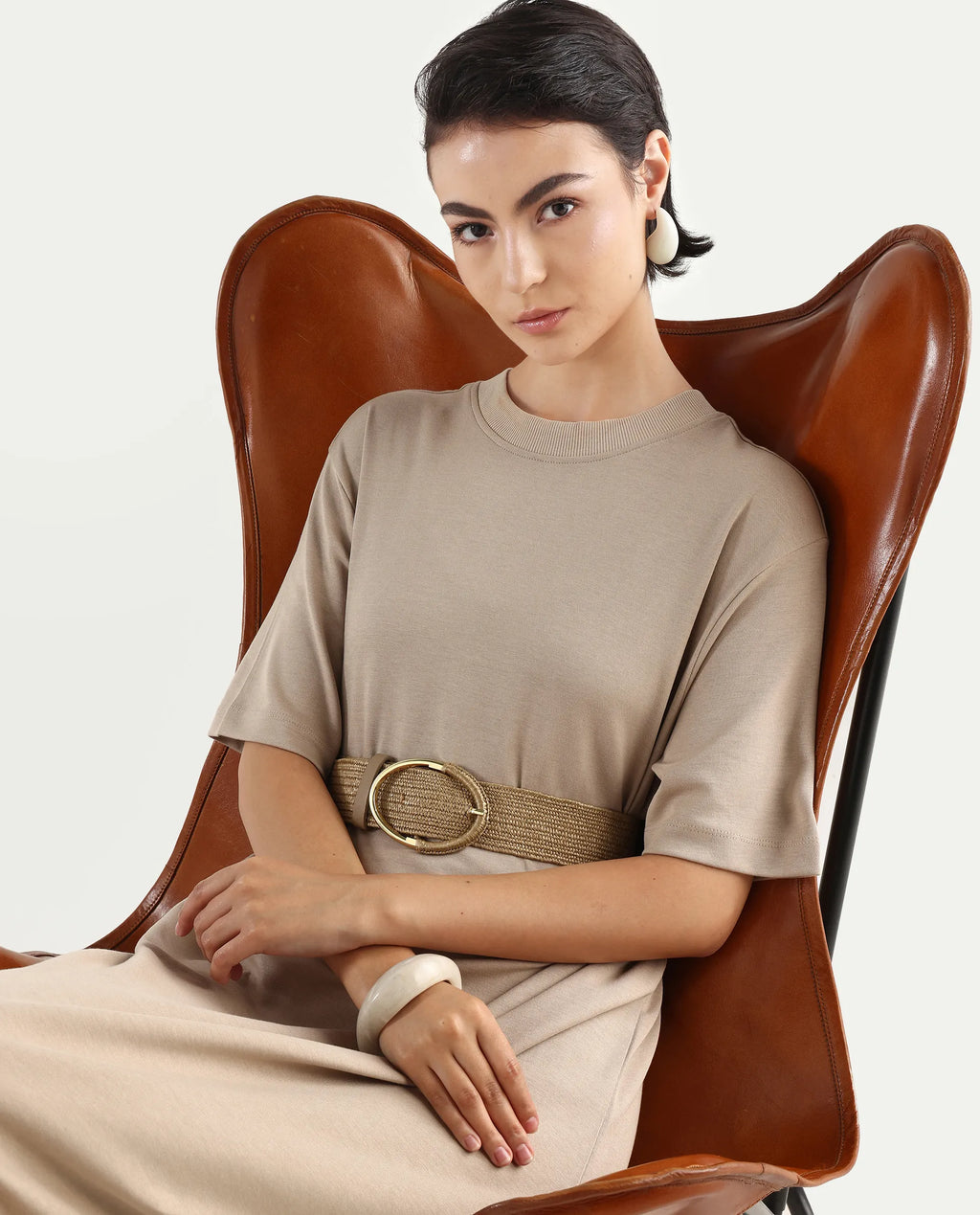 Rareism Women's Afrinca - Beige Cotton Blend Crew Neck Plain Maxi Relaxed Fit Dress