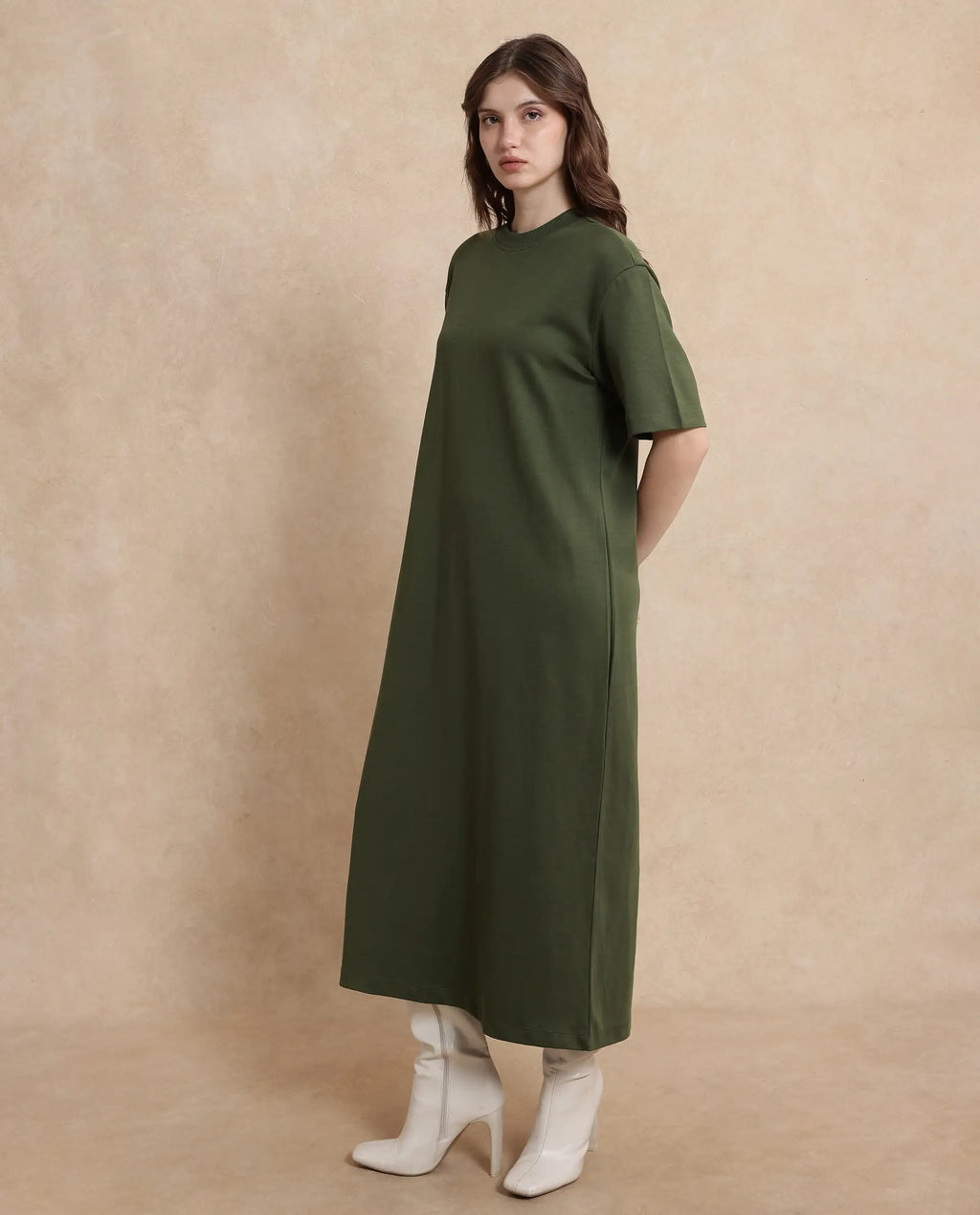 Rareism Women's Afrinca Olive Cotton Blend Crew Neck Plain Maxi Relaxed Fit Dress