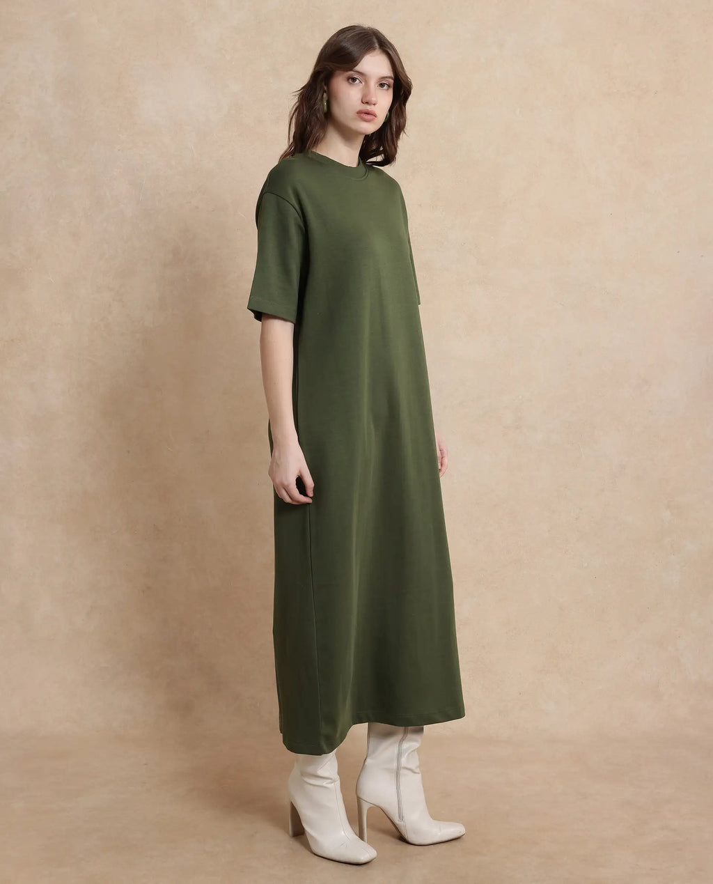 Rareism Women's Afrinca Olive Cotton Blend Crew Neck Plain Maxi Relaxed Fit Dress