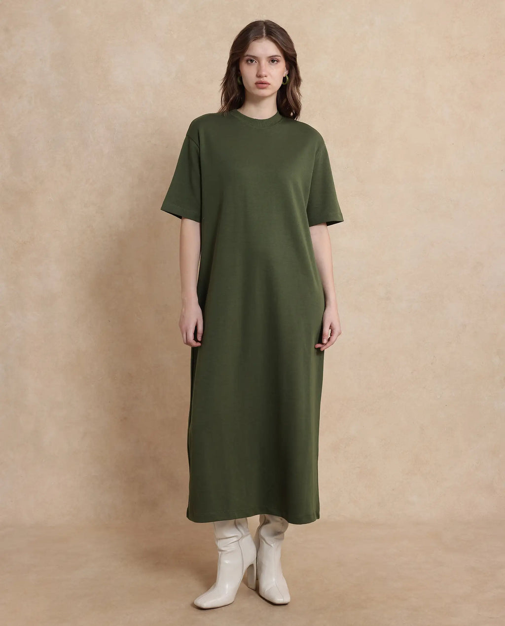 Rareism Women's Afrinca Olive Cotton Blend Crew Neck Plain Maxi Relaxed Fit Dress