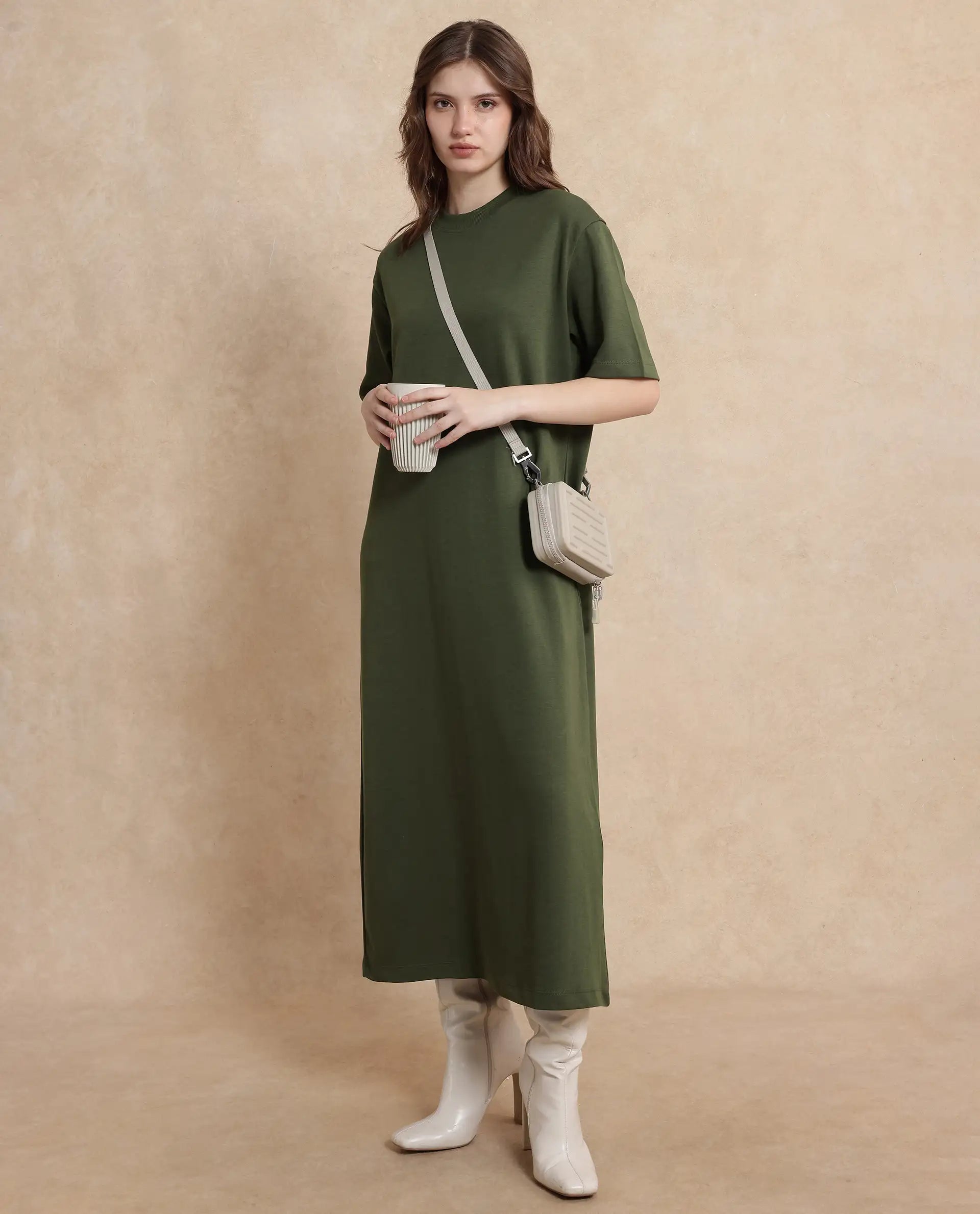 Rareism Women's Afrinca Olive Cotton Blend Crew Neck Plain Maxi Relaxed Fit Dress