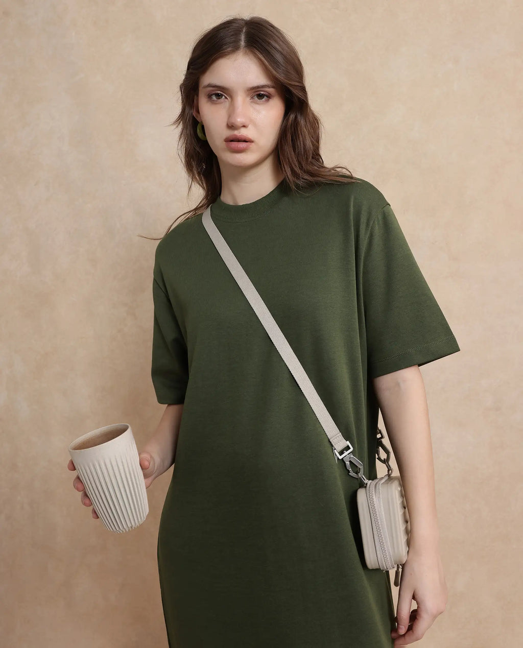 Rareism Women's Afrinca Olive Cotton Blend Crew Neck Plain Maxi Relaxed Fit Dress