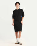 Rareism Women's Afsko B Black Cotton Plain Midi Straight Fit Skirt