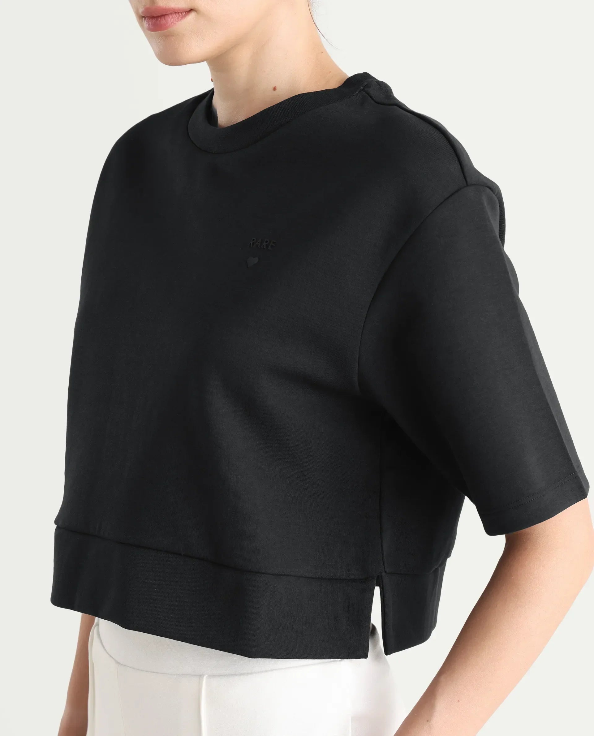 Rareism Women's Aftok T Black Linen Crew Neck Plain Crop Regular Fit T-Shirt