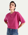 Rareism Women's Aftok T Pink Linen Crew Neck Plain Crop Regular Fit T-Shirt