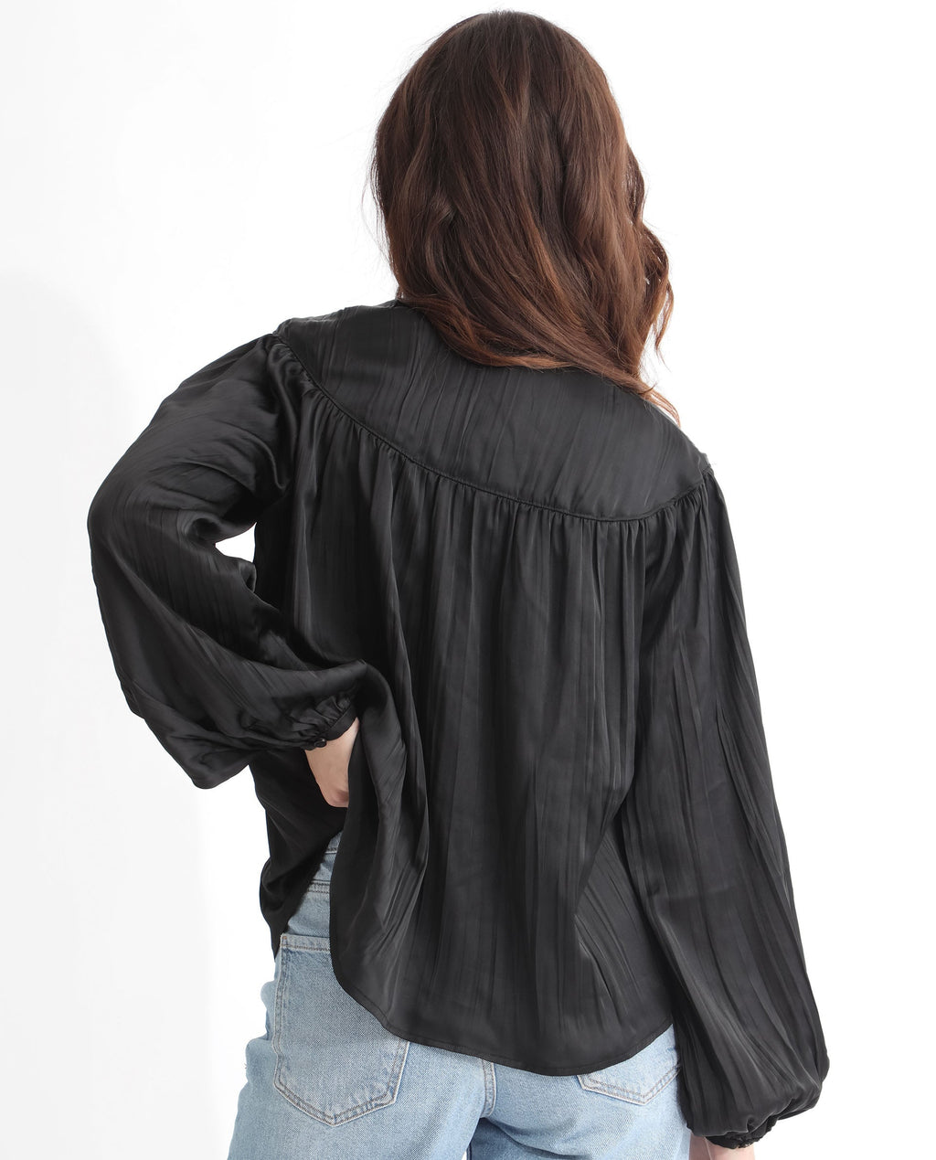 Rareism Women's Agathe Black Polyester Tie-Up Neck Plain Balloon Sleeve Relaxed Fit Top
