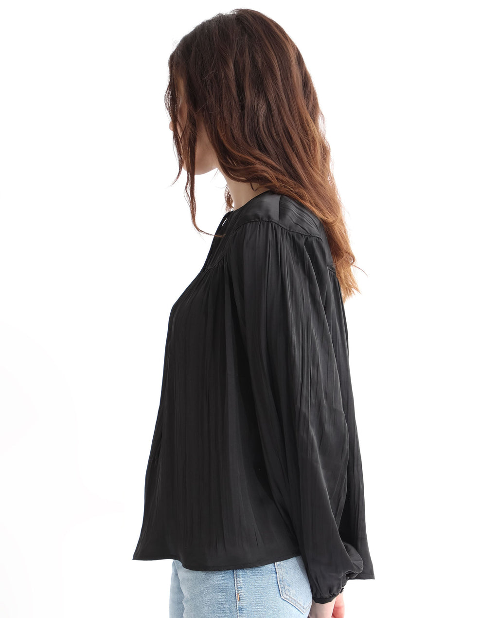 Rareism Women's Agathe Black Polyester Tie-Up Neck Plain Balloon Sleeve Relaxed Fit Top