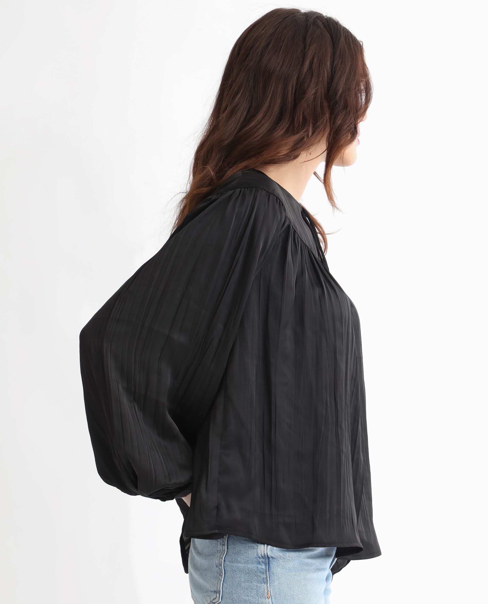 Rareism Women's Agathe Black Polyester Tie-Up Neck Plain Balloon Sleeve Relaxed Fit Top