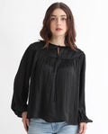 Rareism Women's Agathe Black Polyester Tie-Up Neck Plain Balloon Sleeve Relaxed Fit Top