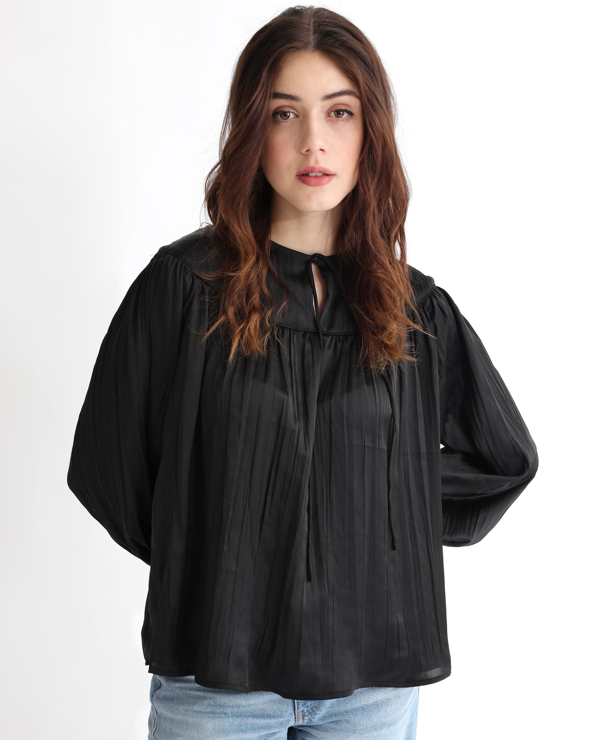 Rareism Women's Agathe Black Polyester Tie-Up Neck Plain Balloon Sleeve Relaxed Fit Top