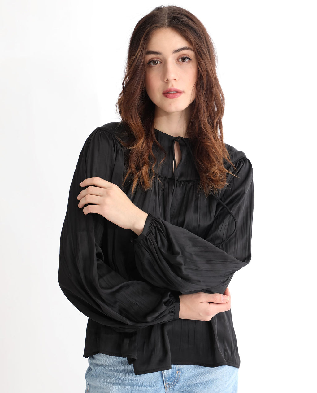 Rareism Women's Agathe Black Polyester Tie-Up Neck Plain Balloon Sleeve Relaxed Fit Top