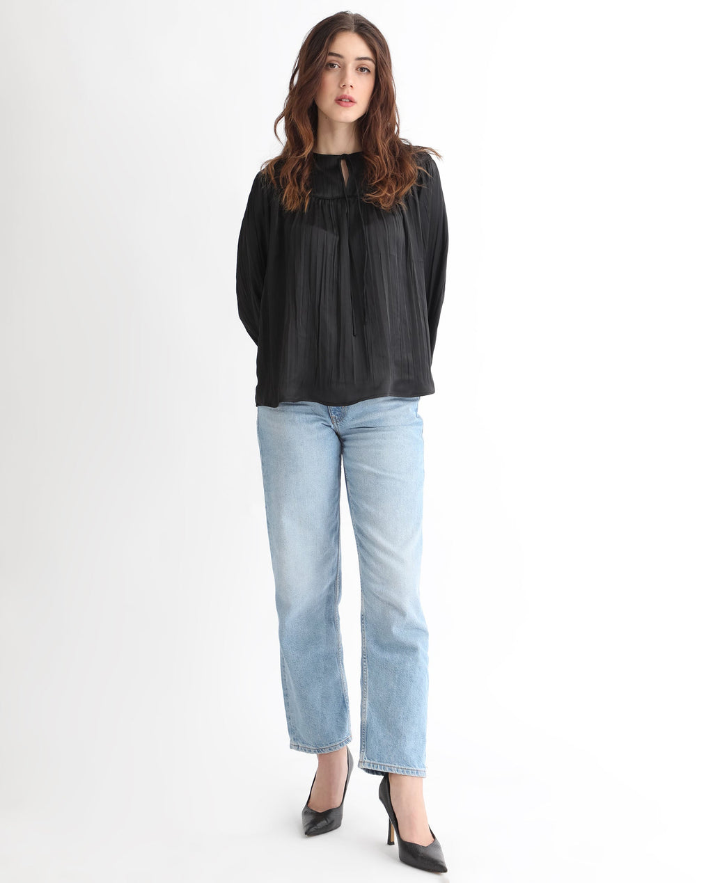 Rareism Women's Agathe Black Polyester Tie-Up Neck Plain Balloon Sleeve Relaxed Fit Top