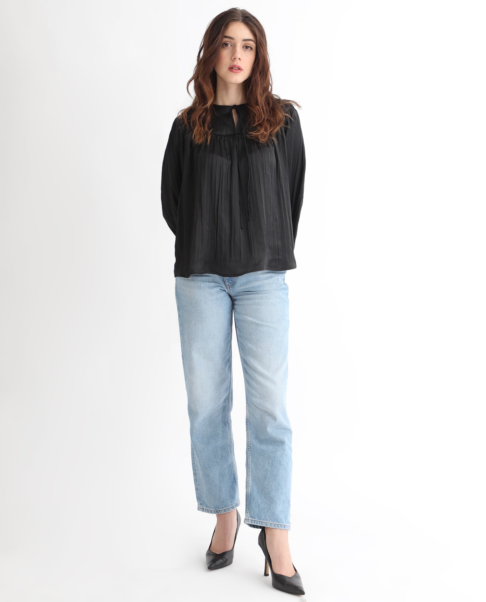Rareism Women's Agathe Black Polyester Tie-Up Neck Plain Balloon Sleeve Relaxed Fit Top
