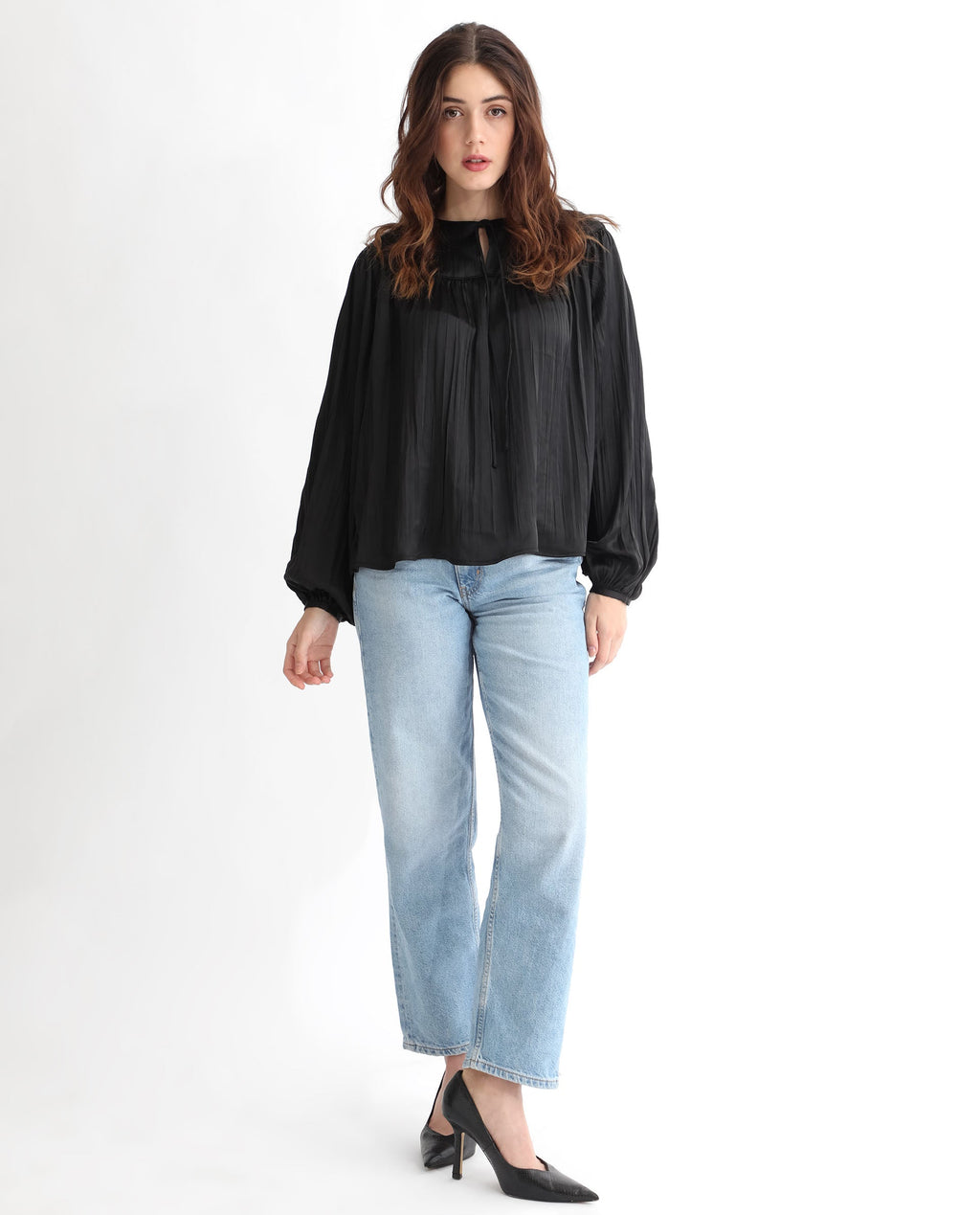 Rareism Women's Agathe Black Polyester Tie-Up Neck Plain Balloon Sleeve Relaxed Fit Top