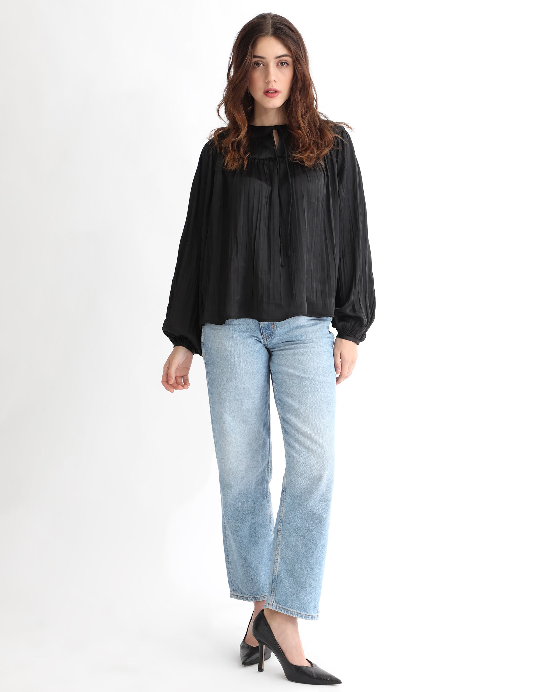 Rareism Women's Agathe Black Polyester Tie-Up Neck Plain Balloon Sleeve Relaxed Fit Top