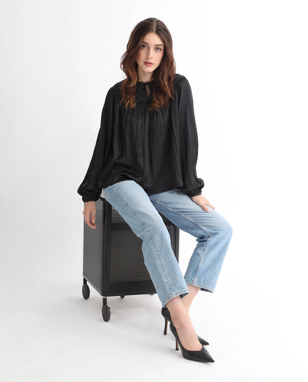 Rareism Women's Agathe Black Polyester Tie-Up Neck Plain Balloon Sleeve Relaxed Fit Top