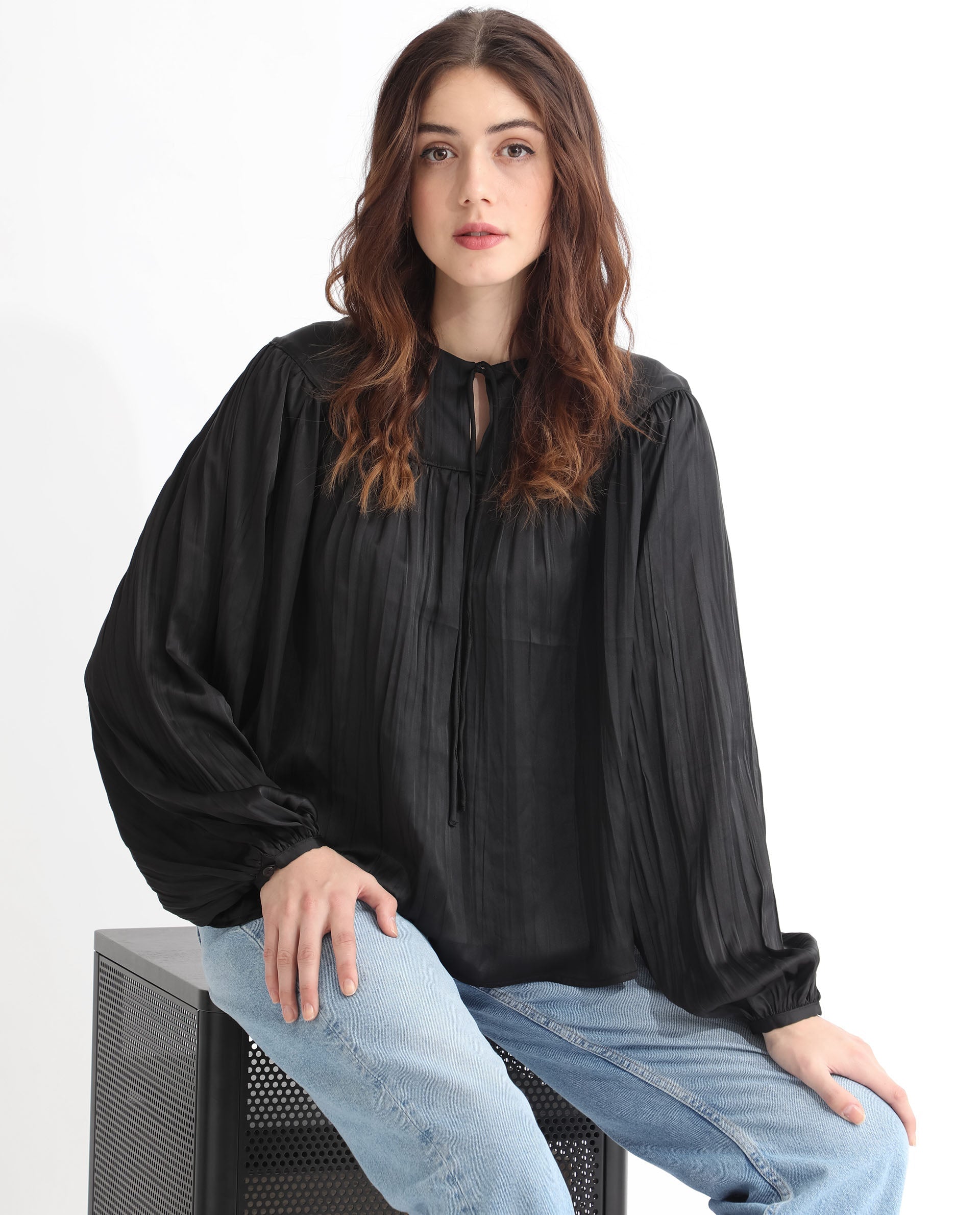 Rareism Women's Agathe Black Polyester Tie-Up Neck Plain Balloon Sleeve Relaxed Fit Top