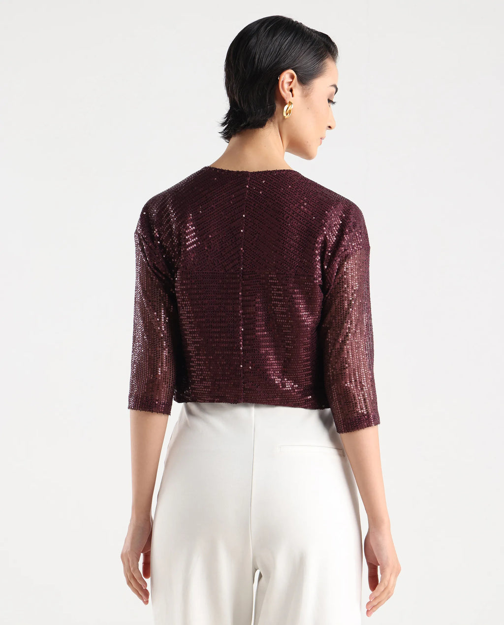 Rareism Women's Agog Maroon Nylon Collarless Sequined Knee Length Regular Fit Shrug