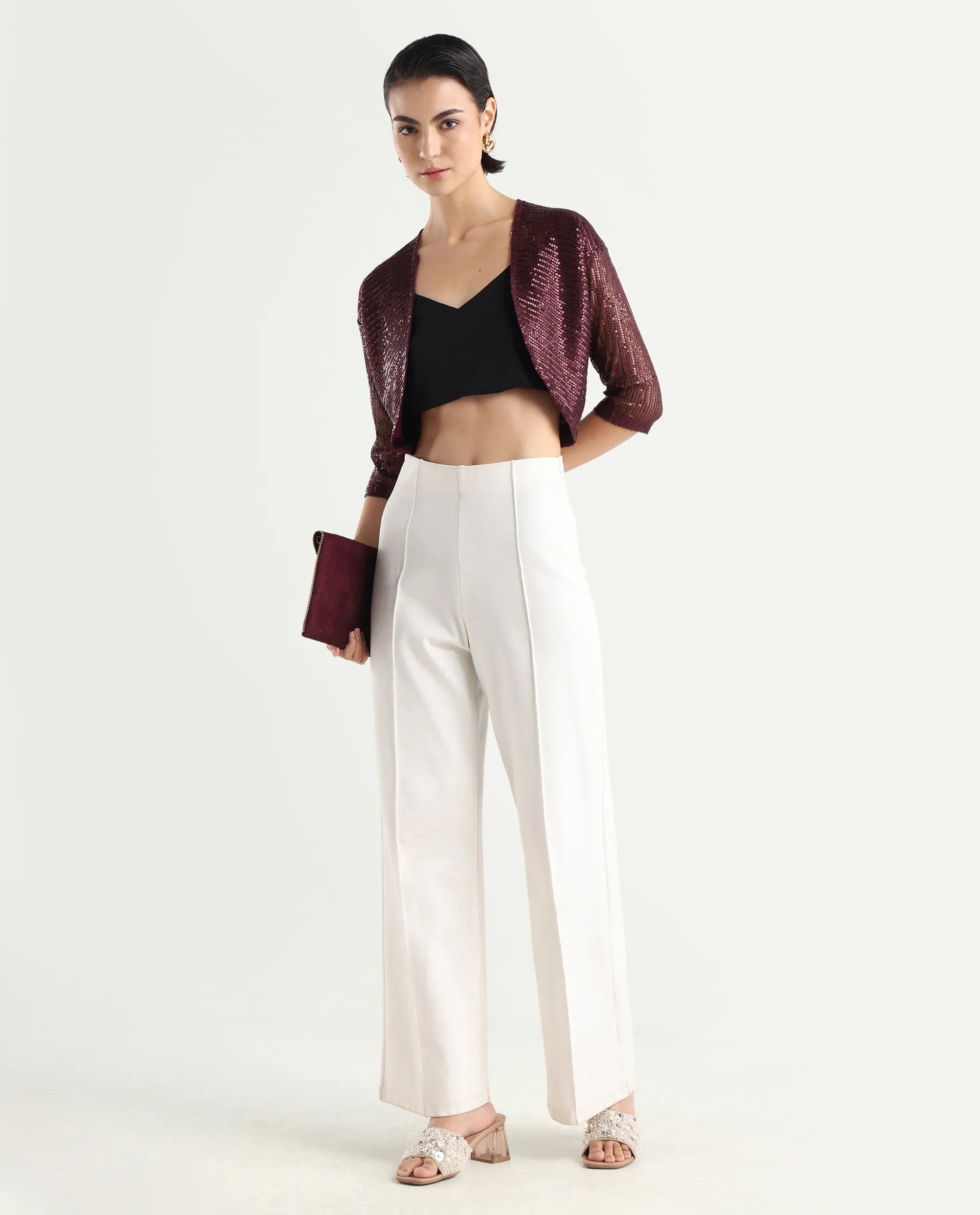 Rareism Women's Agog Maroon Nylon Collarless Sequined Knee Length Regular Fit Shrug
