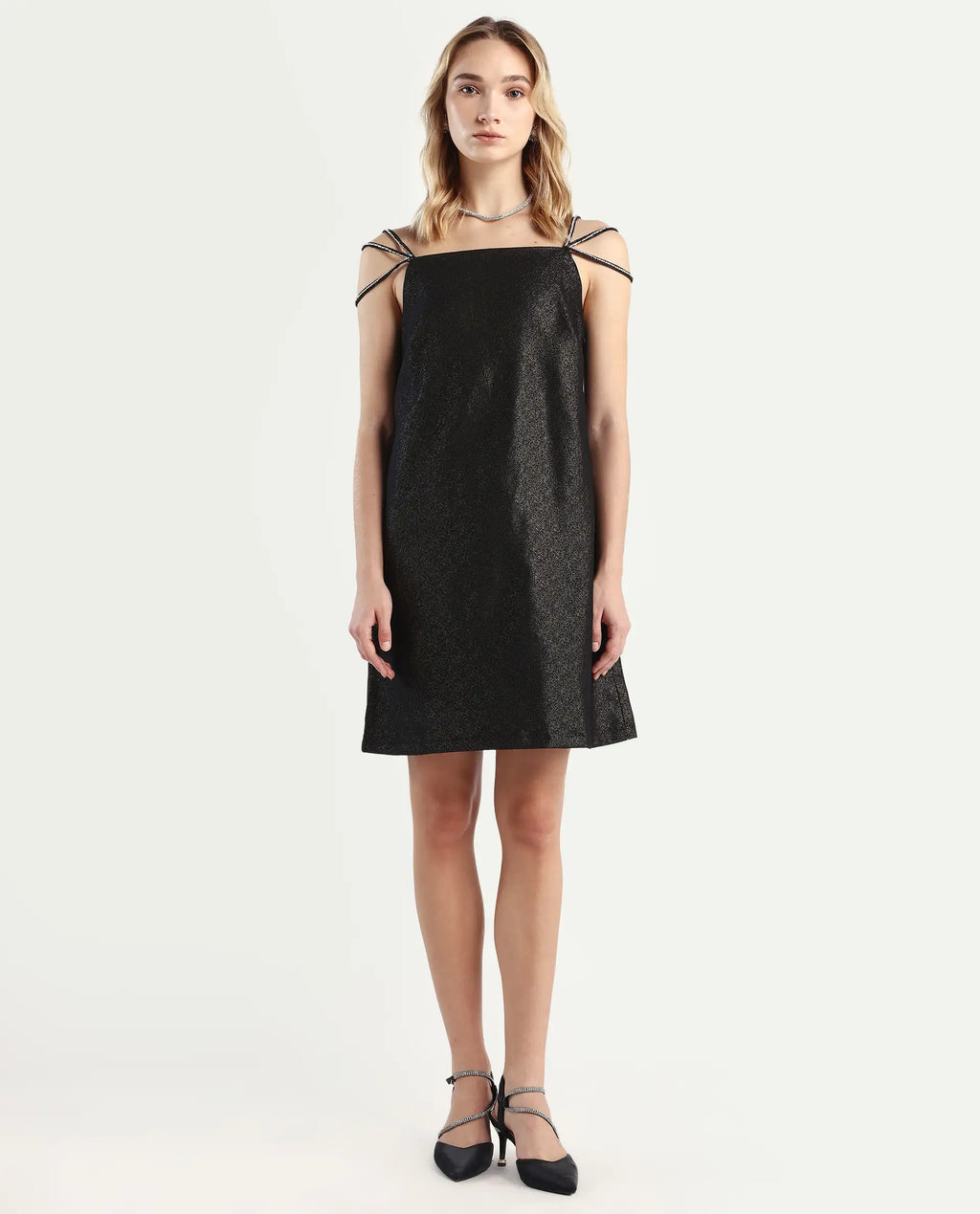 Rareism Women's Agri Black Polyester Shoulder Strap Jacquard Sleeveless Mini Regular Fit Dress