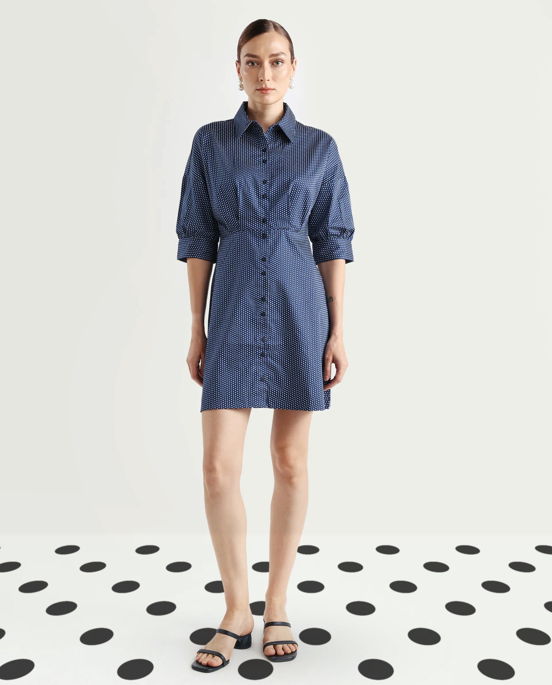 Rareism Women's Aiday Dark Drop Collar Polka Print Cuffed Sleeve Mini Regular Fit Dress