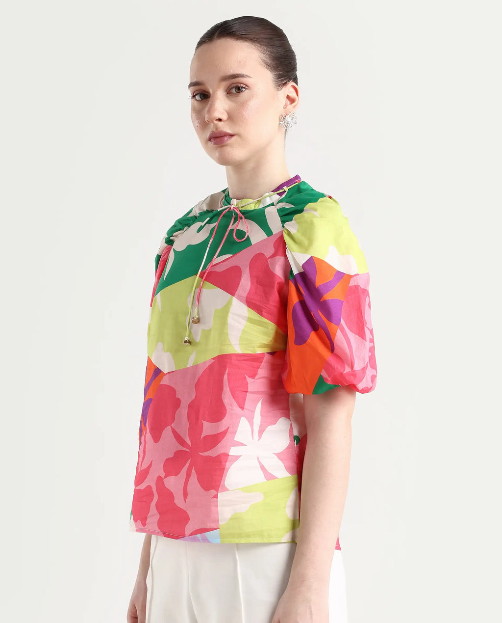 Rareism Women's Aili Multi Cotton Band Collar Floral Print Balloon Sleeve Regular Fit Top