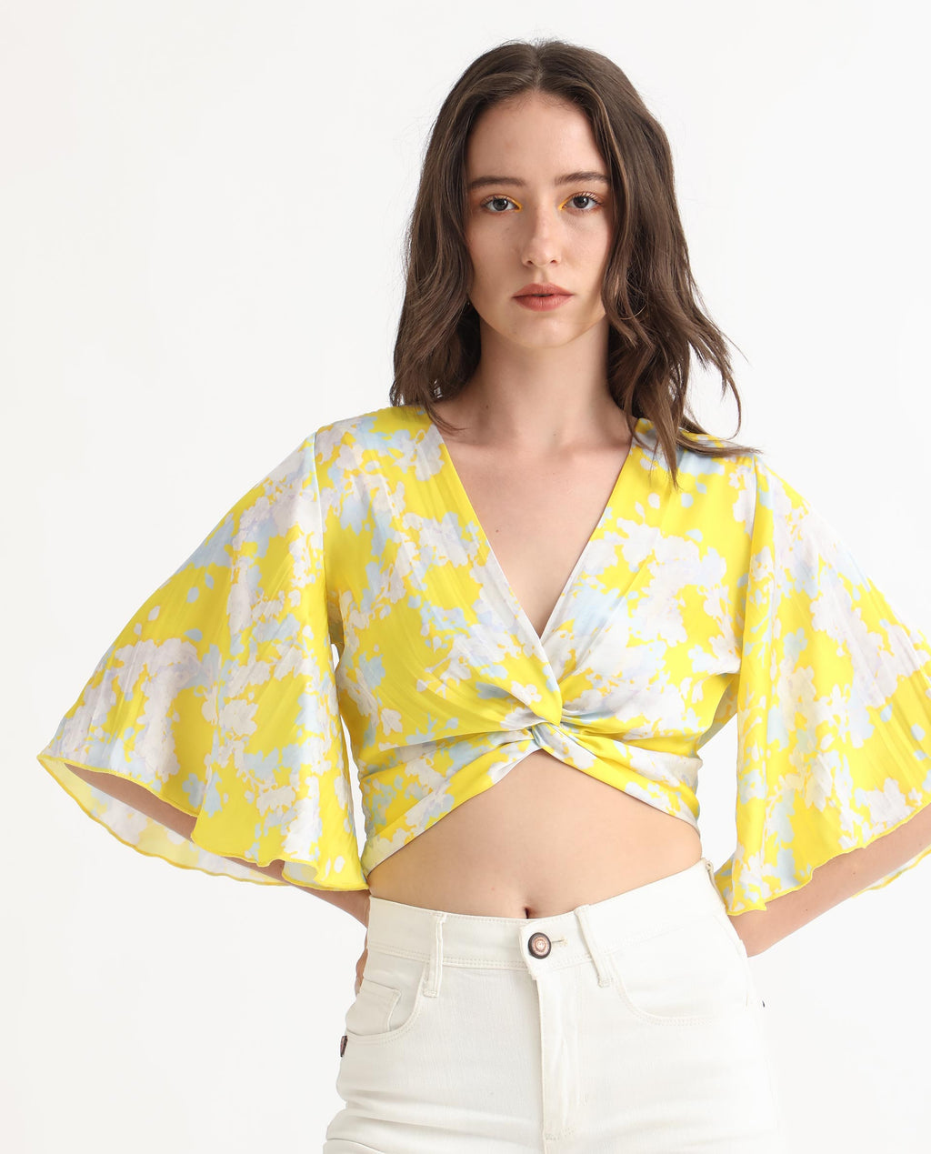 Rareism Women's Ainara Yellow Polyester V-Neck Abstract Print Flared Sleeve Crop Regular Fit Top