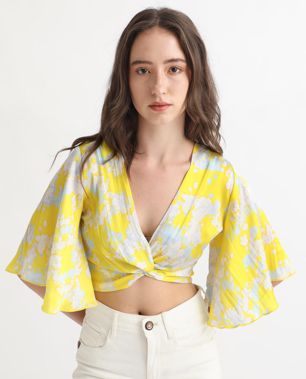 Rareism Women's Ainara Yellow Polyester V-Neck Abstract Print Flared Sleeve Crop Regular Fit Top
