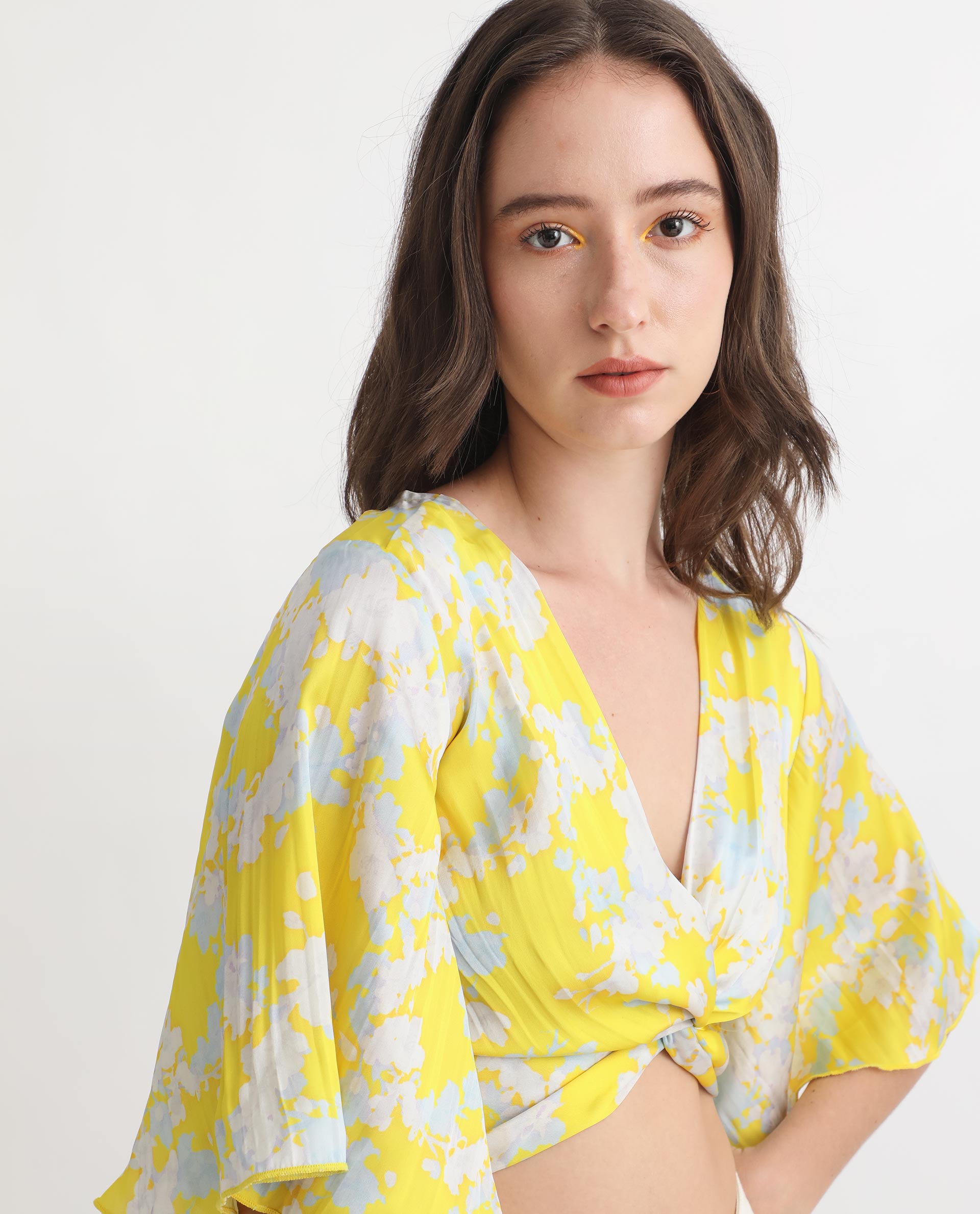 Rareism Women's Ainara Yellow Polyester V-Neck Abstract Print Flared Sleeve Crop Regular Fit Top