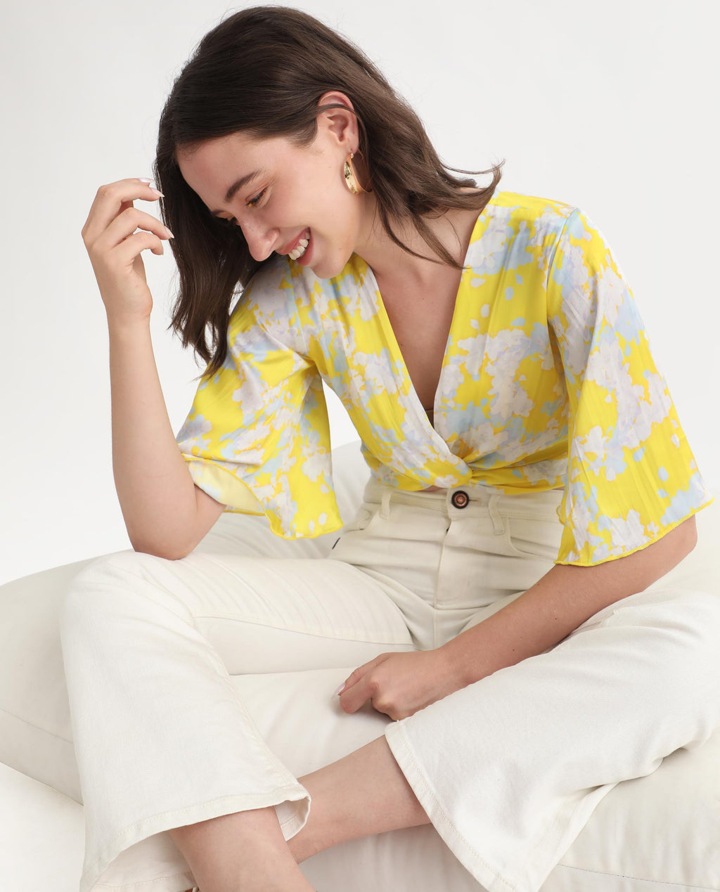 Rareism Women's Ainara Yellow Polyester V-Neck Abstract Print Flared Sleeve Crop Regular Fit Top