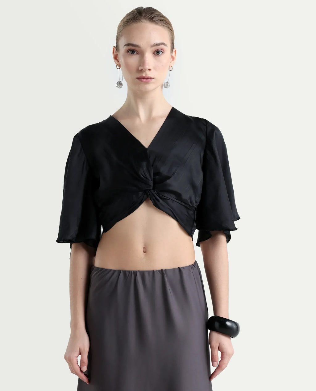 Rareism Women's Ainara Black Polyester V-Neck Plain Flared Sleeve Crop Regular Fit Top