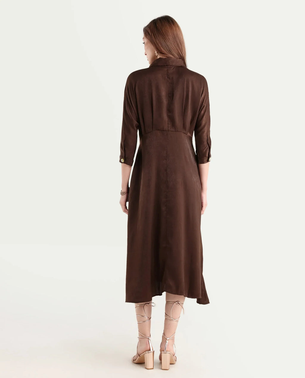 Rareism Women's Airbaz Brown Velvet Drop Collar Plain Kimono Sleeve Midi A-Line Dress
