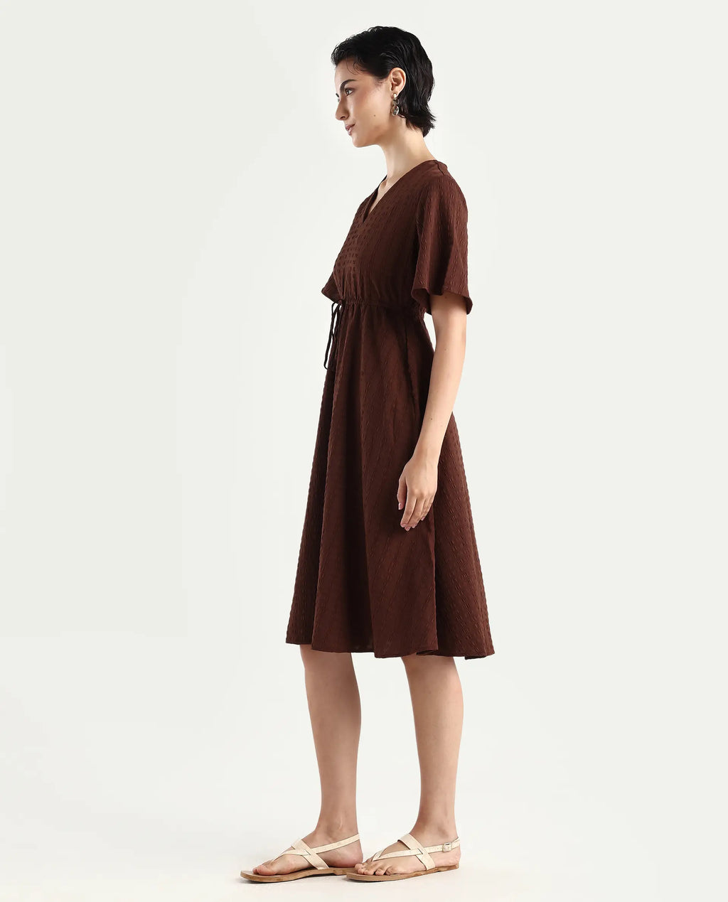 Rareism Women's Airin Rust Polyester Half Sleeve V-Neck Flared Dress