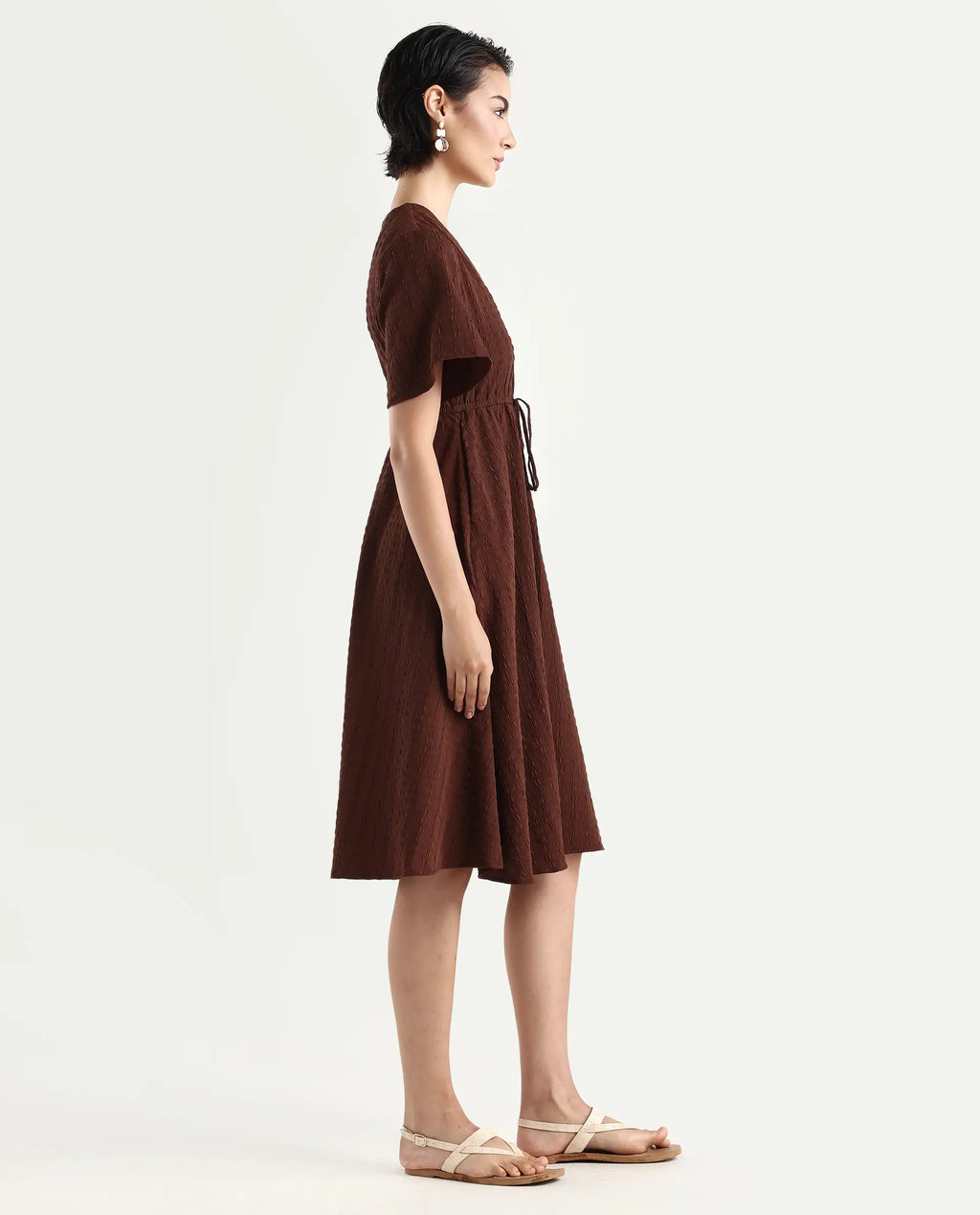 Rareism Women's Airin Rust Polyester Half Sleeve V-Neck Flared Dress