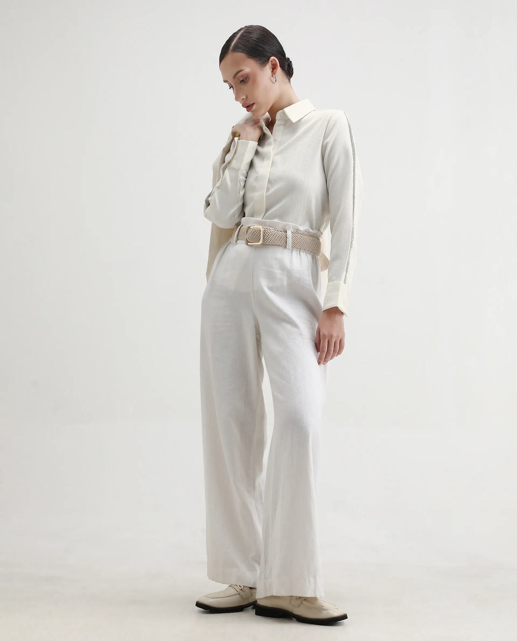 Rareism Women's Aivva White Satin Drop Collar Dyed Cuffed Sleeve Regular Fit Shirt