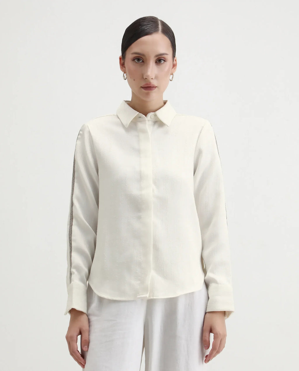 Rareism Women's Aivva White Satin Drop Collar Dyed Cuffed Sleeve Regular Fit Shirt
