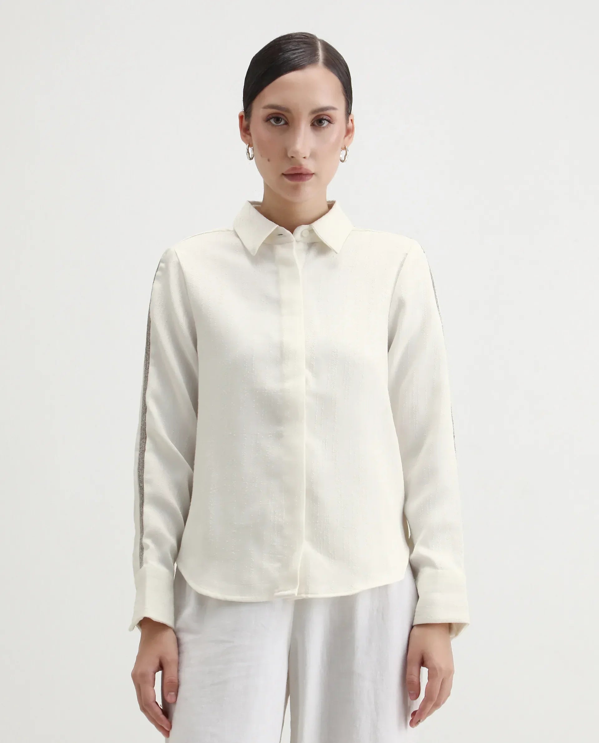 Rareism Women's Aivva White Satin Drop Collar Dyed Cuffed Sleeve Regular Fit Shirt