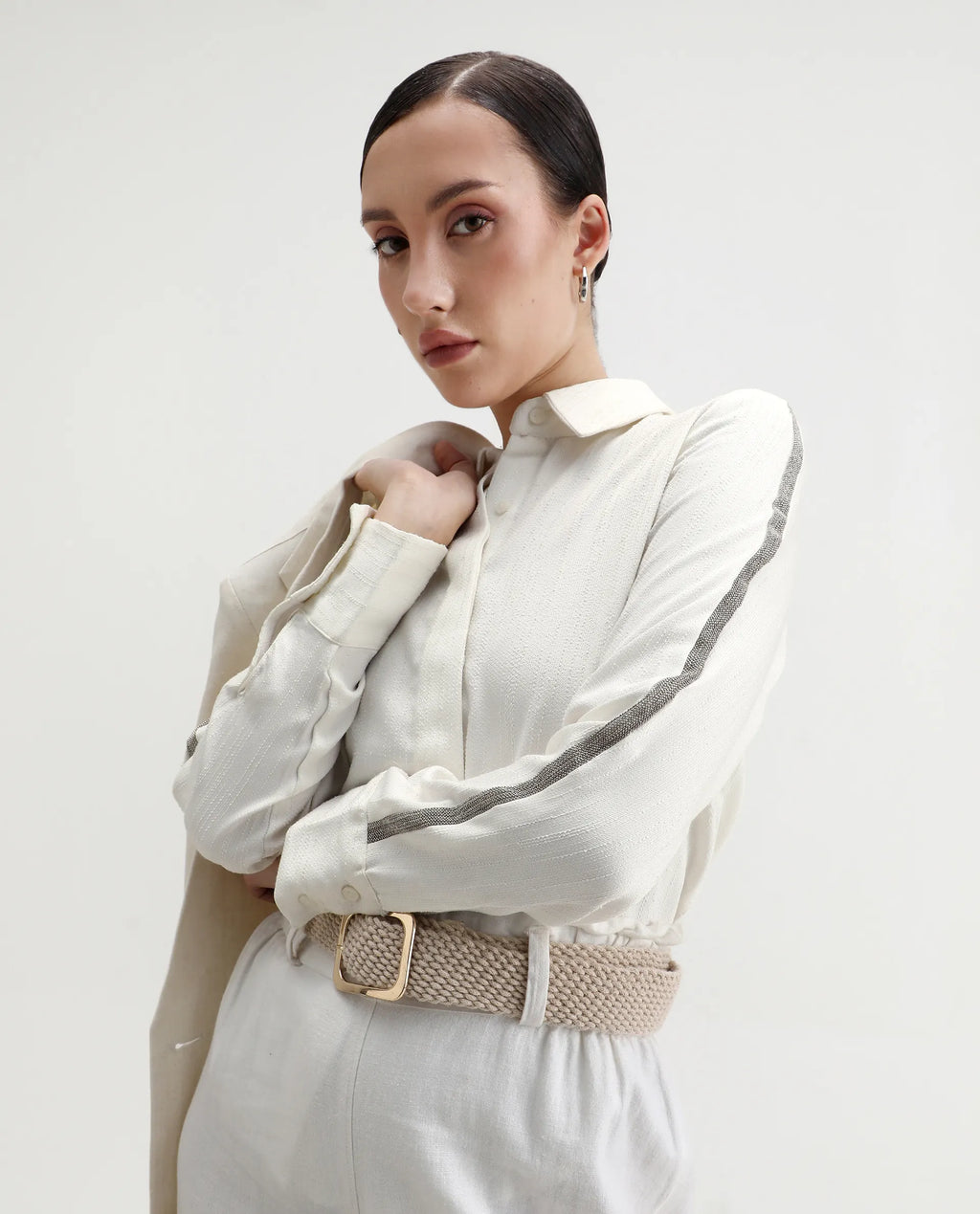 Rareism Women's Aivva White Satin Drop Collar Dyed Cuffed Sleeve Regular Fit Shirt