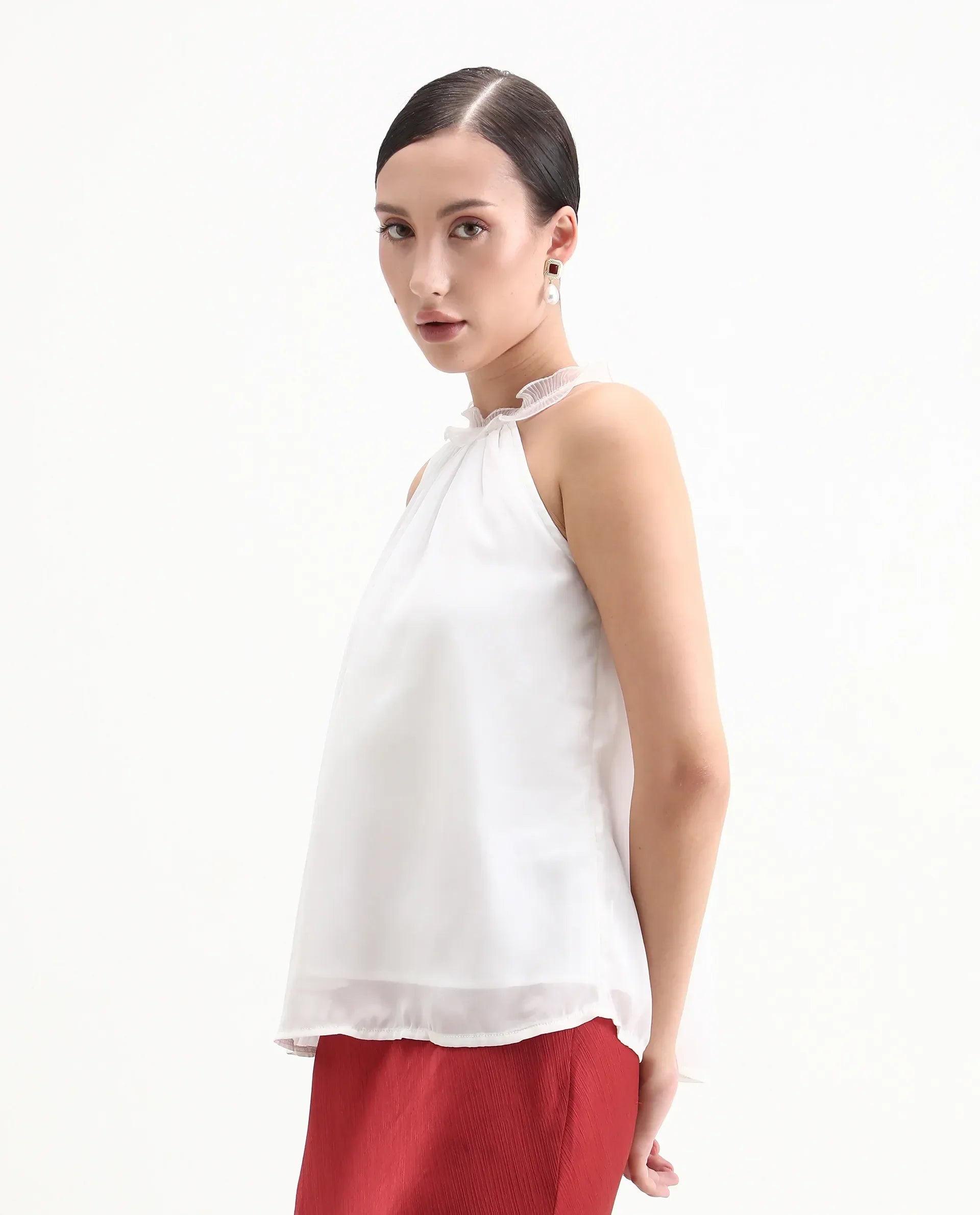 Rareism Women's Akane White Polyester Halter Neck Plain Sleeveless Regular Fit Top
