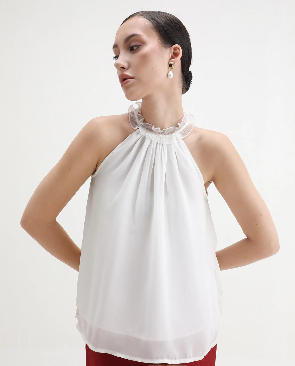 Rareism Women's Akane White Polyester Halter Neck Plain Sleeveless Regular Fit Top