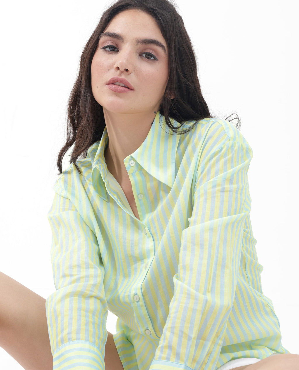 Rareism Women's Aksana Blue Cotton Drop Collar Striped Cuffed Sleeve Regular Fit Shirt