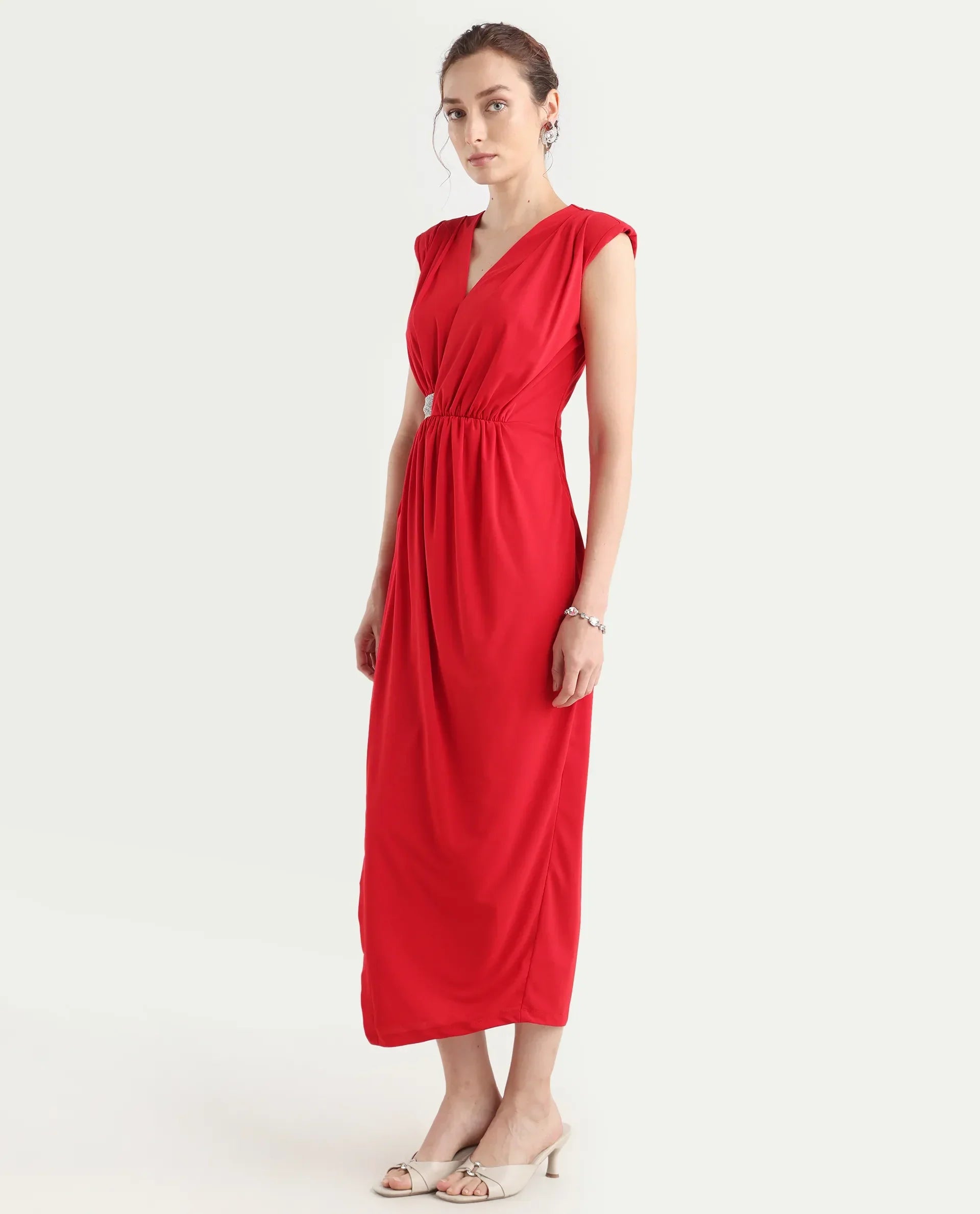 Rareism Women's Aksaray Maroon Polyester Wrap Neck Plain Sleeveless Maxi Fitted Dress